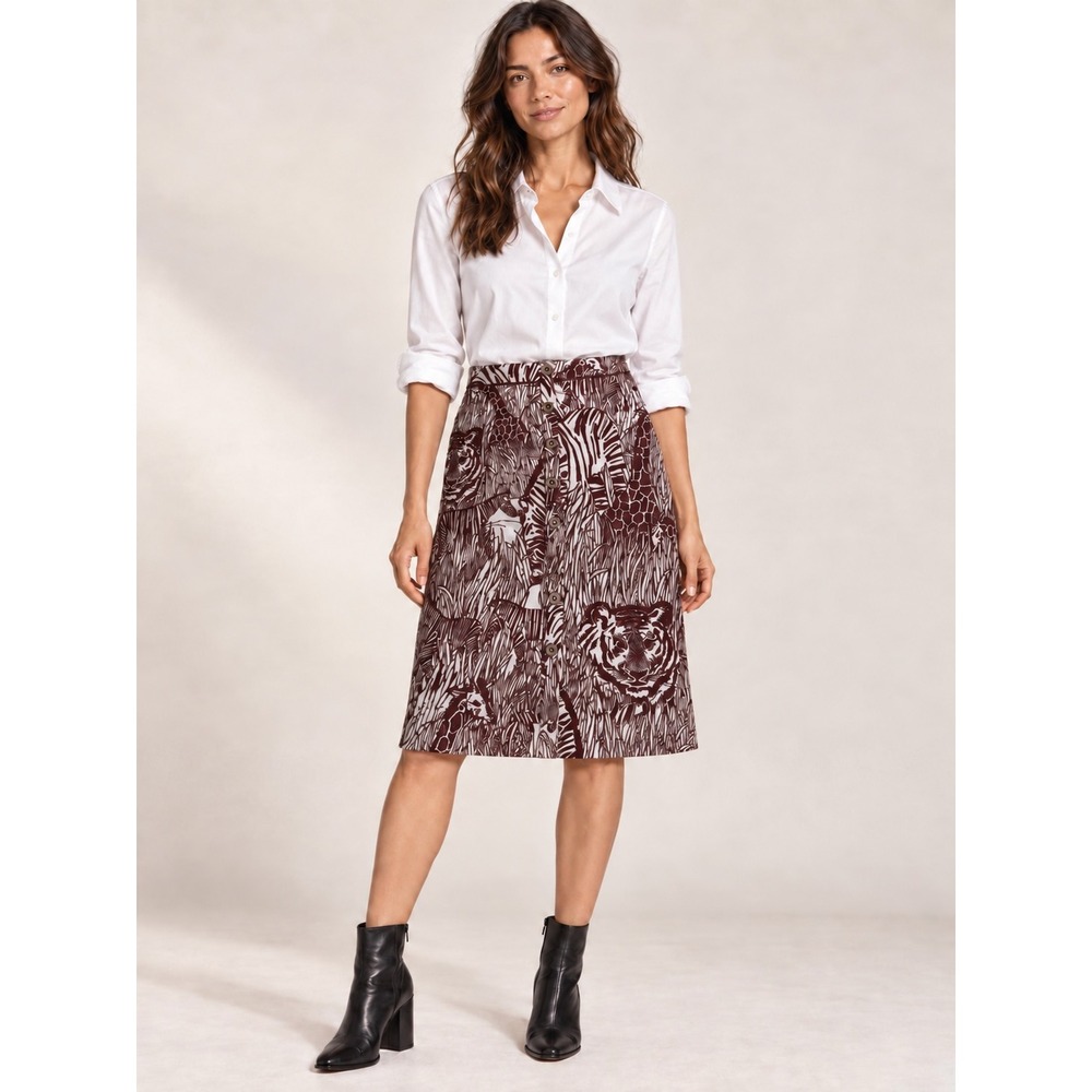 Anthropologie Animal Print Jacquard Button Front Midi Skirt Burgundy Size L